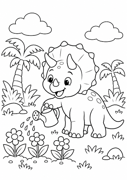 Mały triceratops podlewający kwiaty — kolorowanka do druku