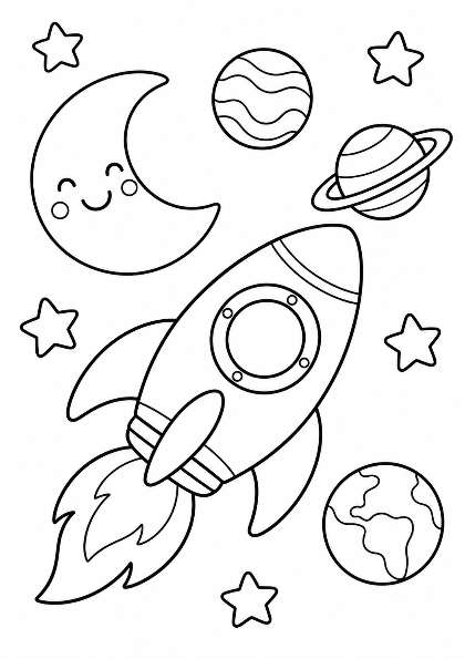Rakieta lecąca pośród planet i gwiazd — kolorowanka do druku
